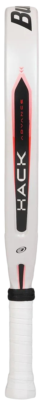 The Bullpadel Hack Advance 2026 padel racket features a modern black and red design with "HACK ADVANCE" branding and a white grip, combining style and high performance under the trusted Bullpadel brand.