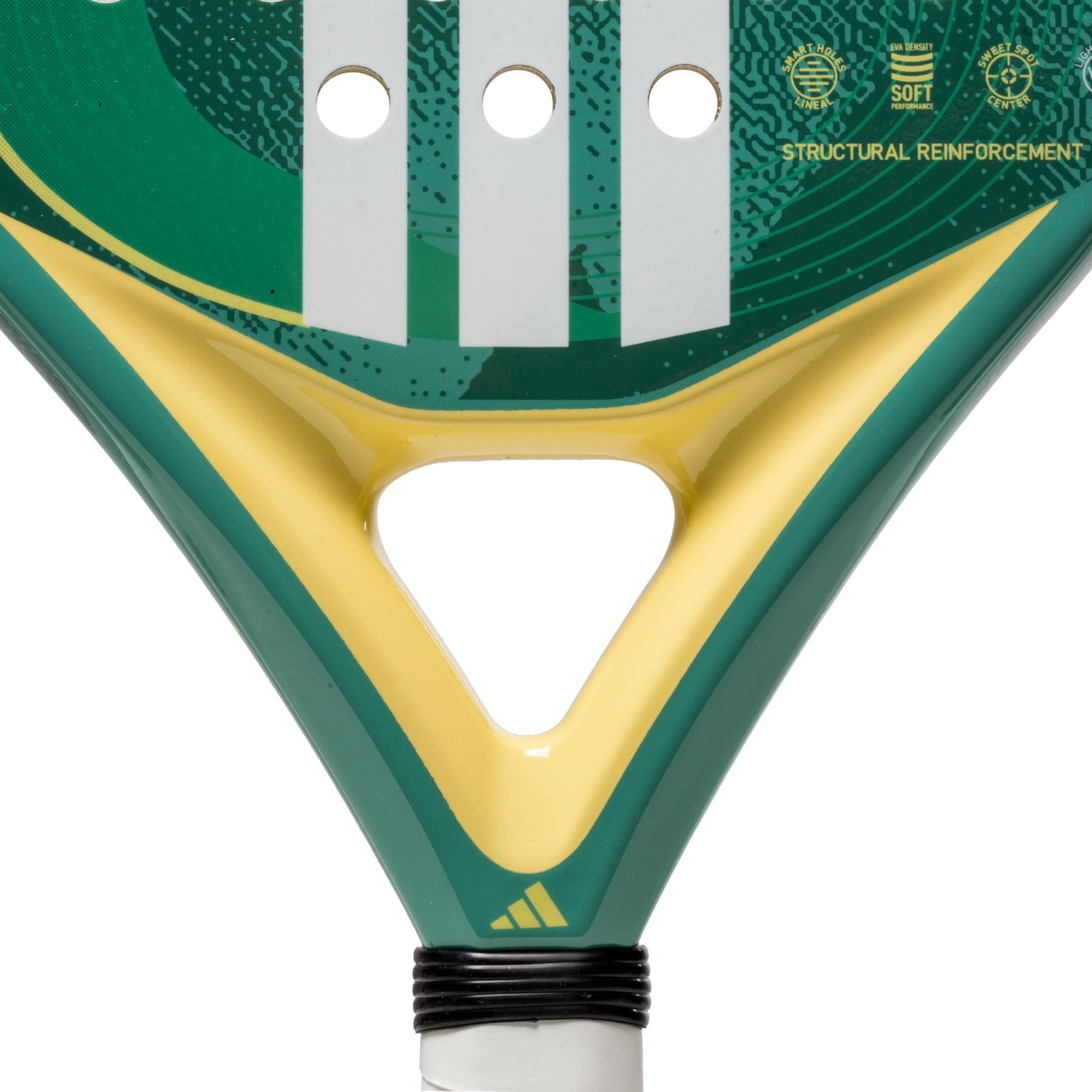 Close-up of a powder teal ADIDAS Drive Light 3.4 Padel Racket with white stripes and perforations. The top displays adidas logos, structural reinforcement labels, and softness details, while its lightweight design caters to beginners, with the handle partially visible.