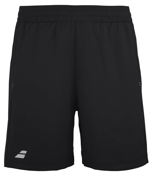 The Babolat Play Men's Padel Shorts - Black are made from recycled polyester fabric and feature an elastic waistband, two side pockets, and a small logo with three stacked lines on the bottom left. Designed with 360 Motion technology, these shorts provide a smooth, lightweight feel for optimal performance.