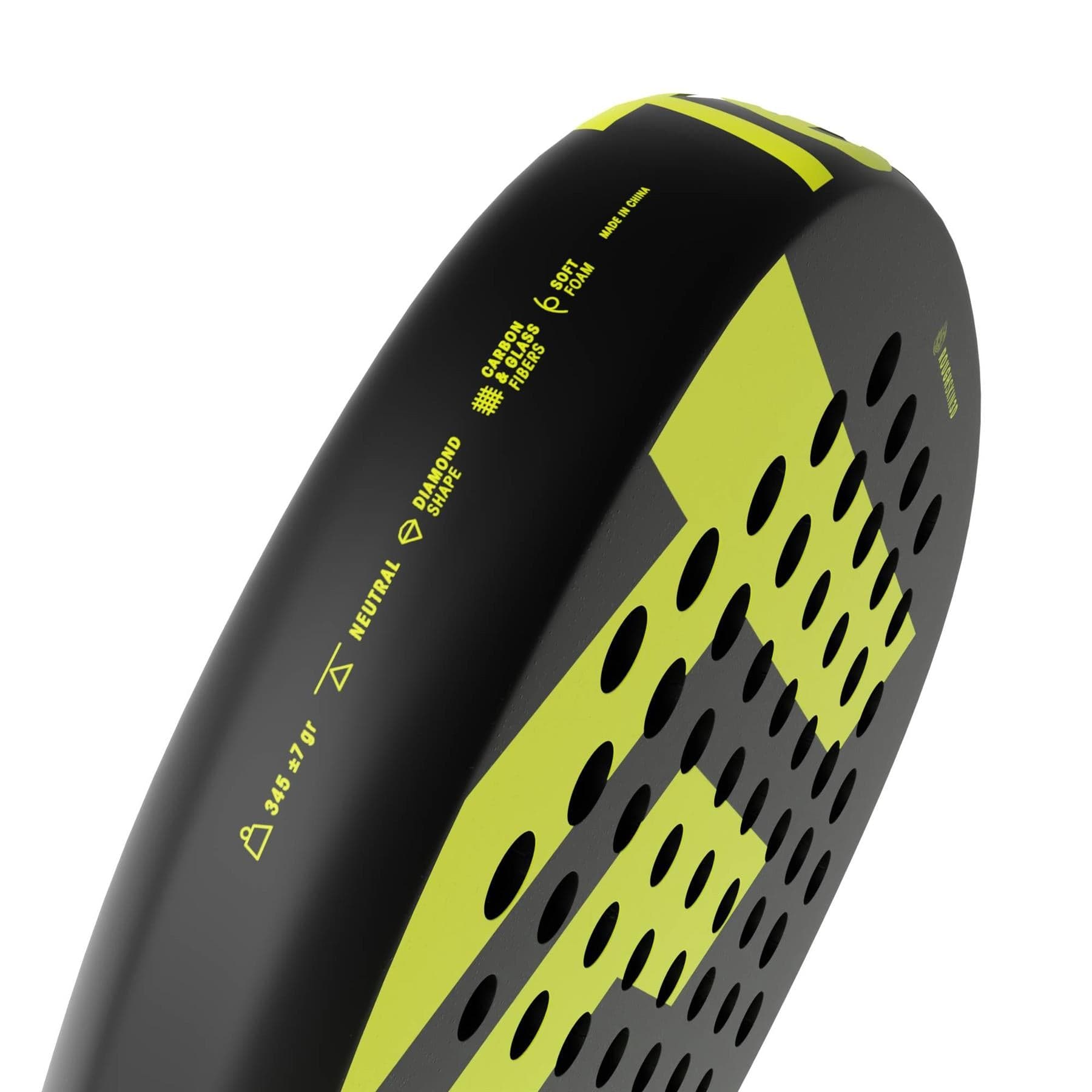 Close-up of the Tecnifibre Bomba Lite Padel Racket by Tecnifibre, showcasing its diamond shape, perforated holes, fibreglass face, and technical details printed near the edge.
