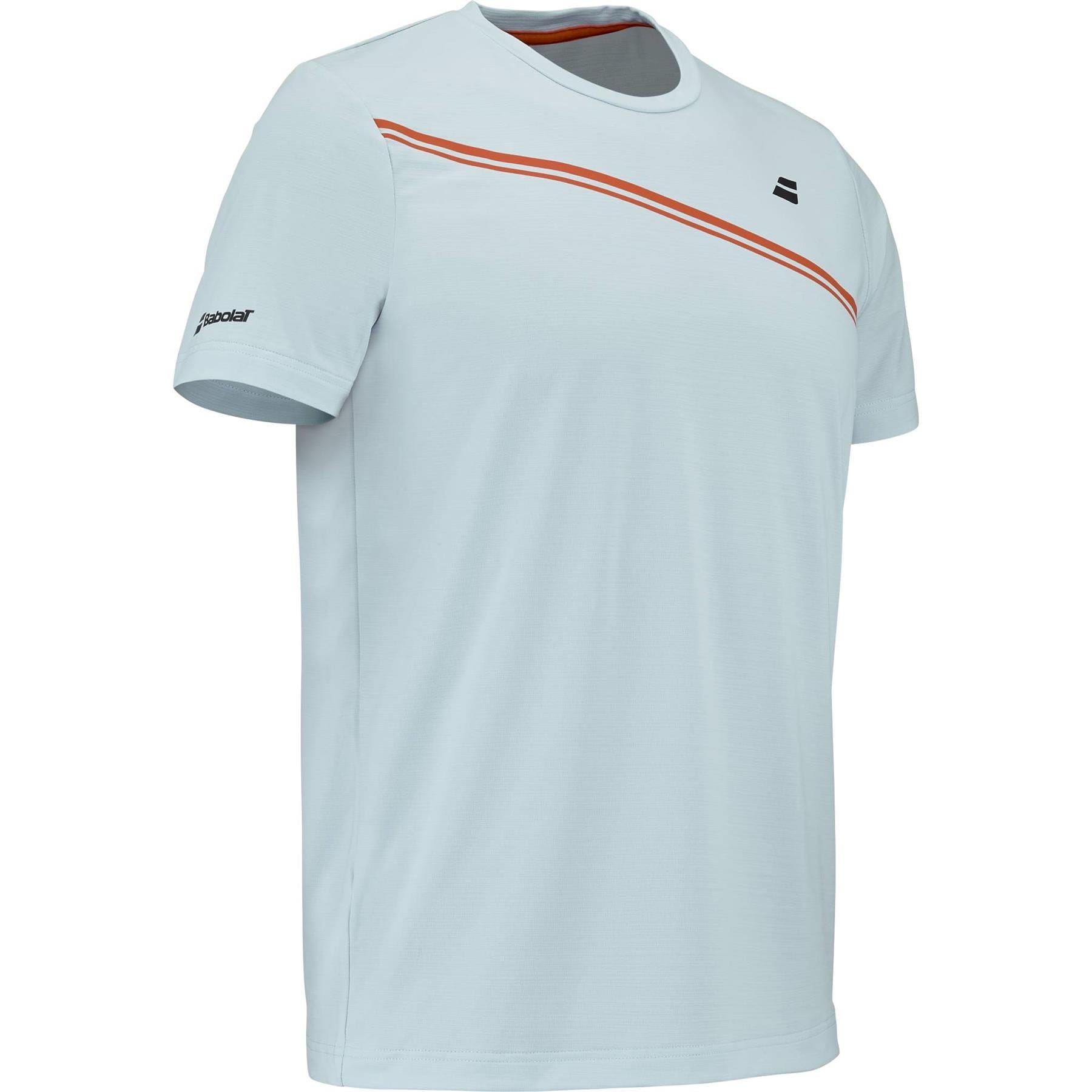 The Babolat Play Men's Crew Neck Padel T-Shirt in Illusion Blue features short sleeves, a diagonal orange stripe on the chest, and black Babolat logos on the left chest and left sleeve.