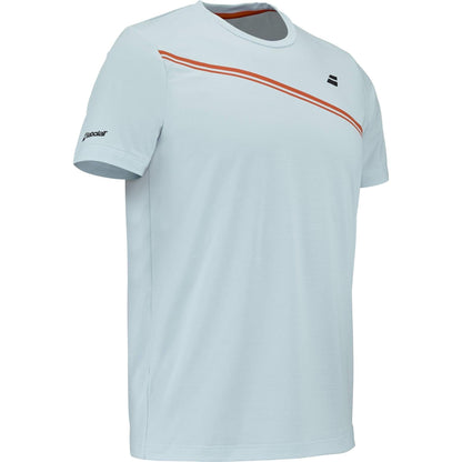 The Babolat Play Men's Crew Neck Padel T-Shirt in Illusion Blue features short sleeves, a diagonal orange stripe on the chest, and black Babolat logos on the left chest and left sleeve.
