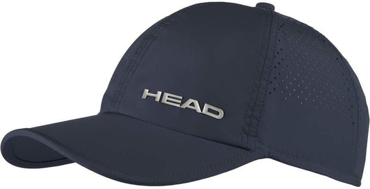 The HEAD Pro Player Padel Cap - Navy is a lightweight cap with "HEAD" in silver on the front, a curved brim, and side ventilation holes for optimal comfort.
