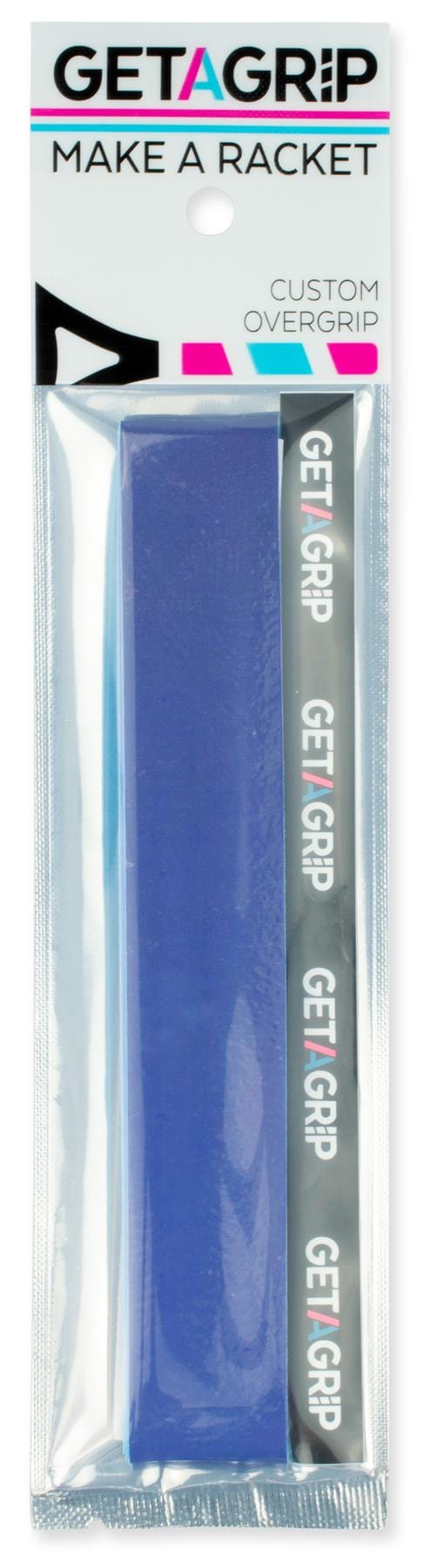 Get a Grip Padel Overgrip - Wavy by Get A Grip features a blue grip and black branded tape with white "GET A GRIP" text, ideal for padel rackets or as a gift. Comes in clear plastic and cardboard packaging.