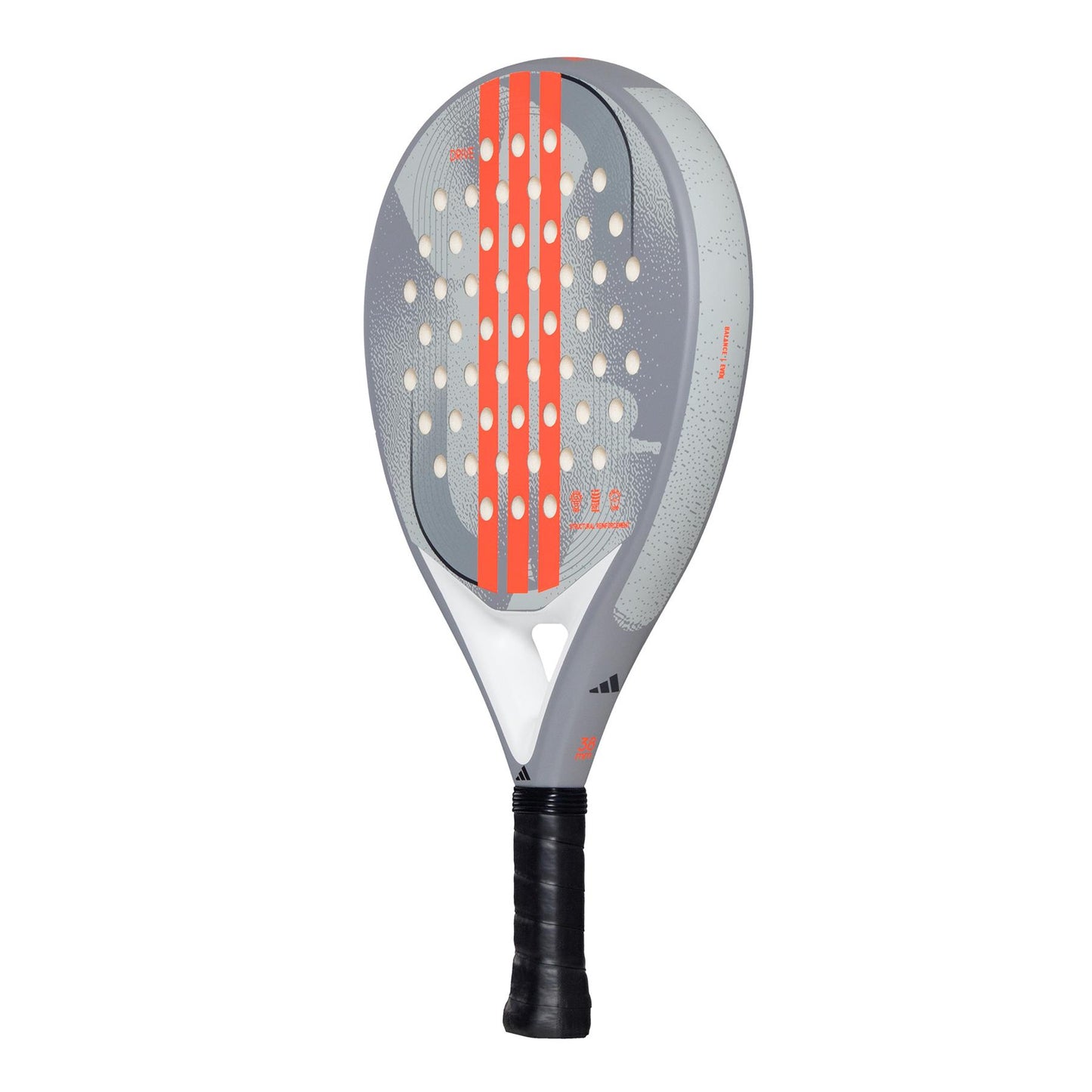 The ADIDAS Drive Grey 3.4 Padel Racket by adidas is designed for beginners and features orange and white accents. It has round holes along orange stripes on the face, a black grip-taped handle, and textured surface details for a modern, premium feel.