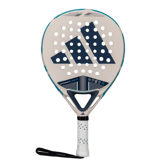 The adidas Cross It Team Light 3.4 Padel Racket – White features a perforated surface, white grip, black wrist strap, and large triangular Adidas logo—ideal for advanced players looking for aggressive performance.