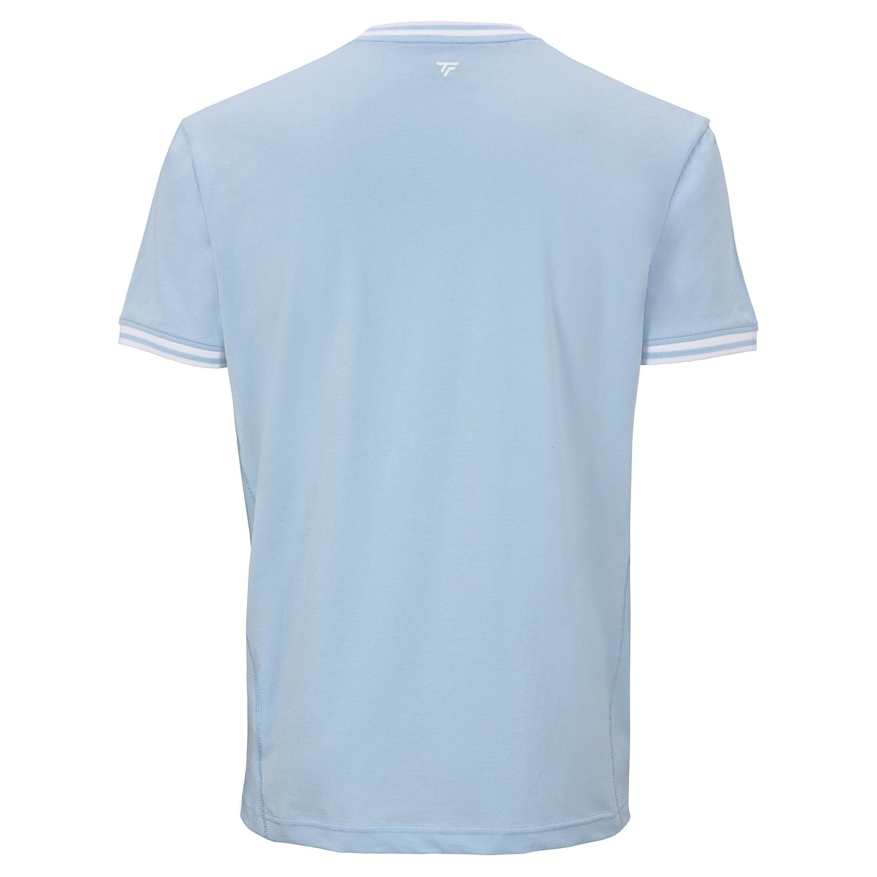 The Tecnifibre Team Stretch Mens Padel T-Shirt in Glacier Blue is shown from the back, featuring white sleeve cuff stripes and a small white logo below the neckline—a stylish performance tee for any activity.