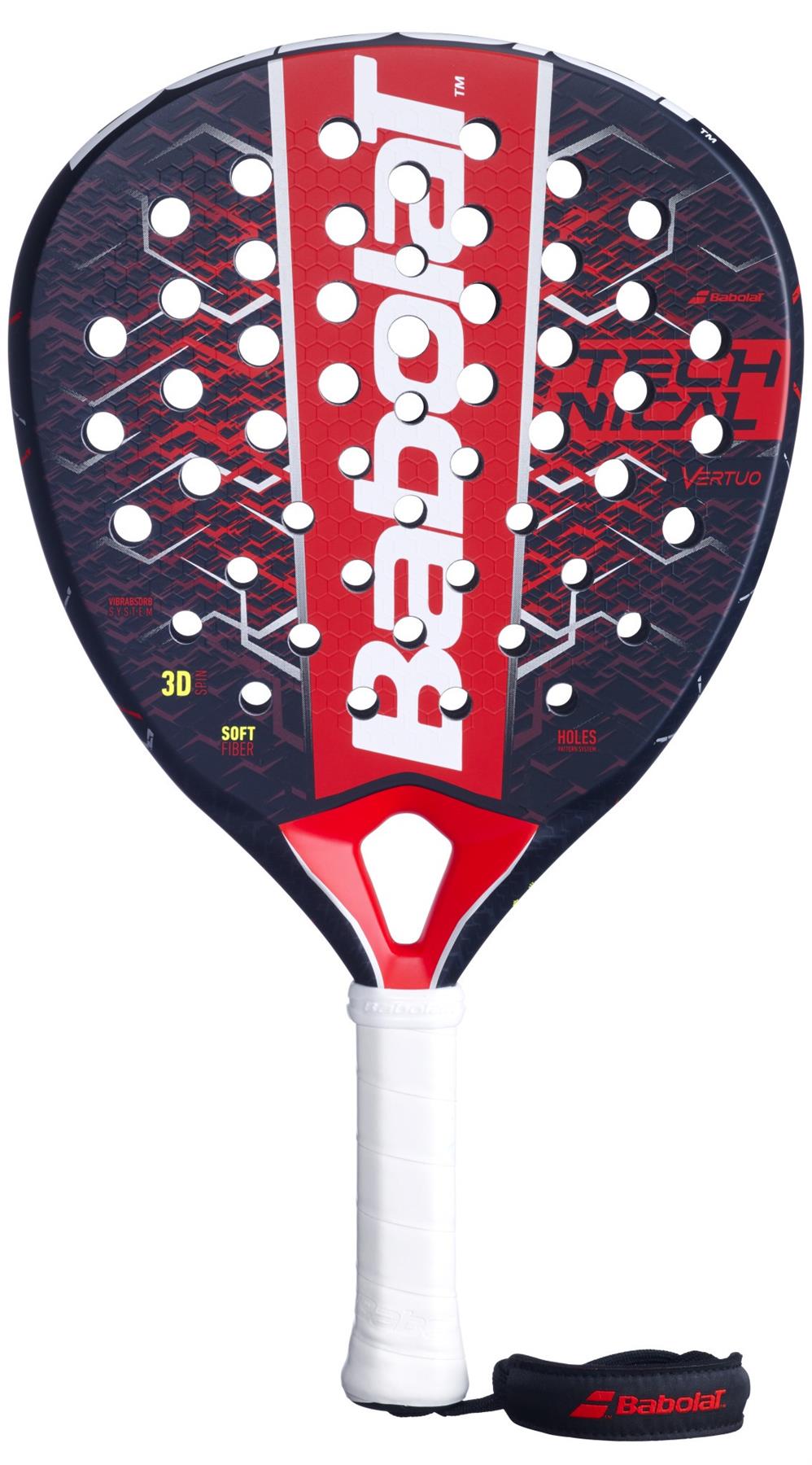 The Babolat Technical Vertuo 2.5 Padel Racket in red and black features a patterned face with circular holes, a white grip and black wrist strap, combining comfort with effortless power. The "Babolat" logo is prominently printed on the face.