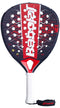 The Babolat Technical Vertuo 2.5 Padel Racket in red and black features a patterned face with circular holes, a white grip and black wrist strap, combining comfort with effortless power. The "Babolat" logo is prominently printed on the face.