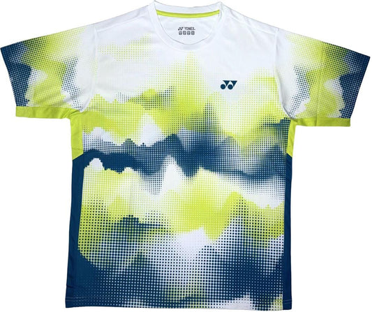 The Yonex YTM2025A Mens Padel T-Shirt in white features a bold abstract design in yellow, navy blue, and dark green. Made from Yonex performance fabric, it has short sleeves and the Yonex logo on the left chest.