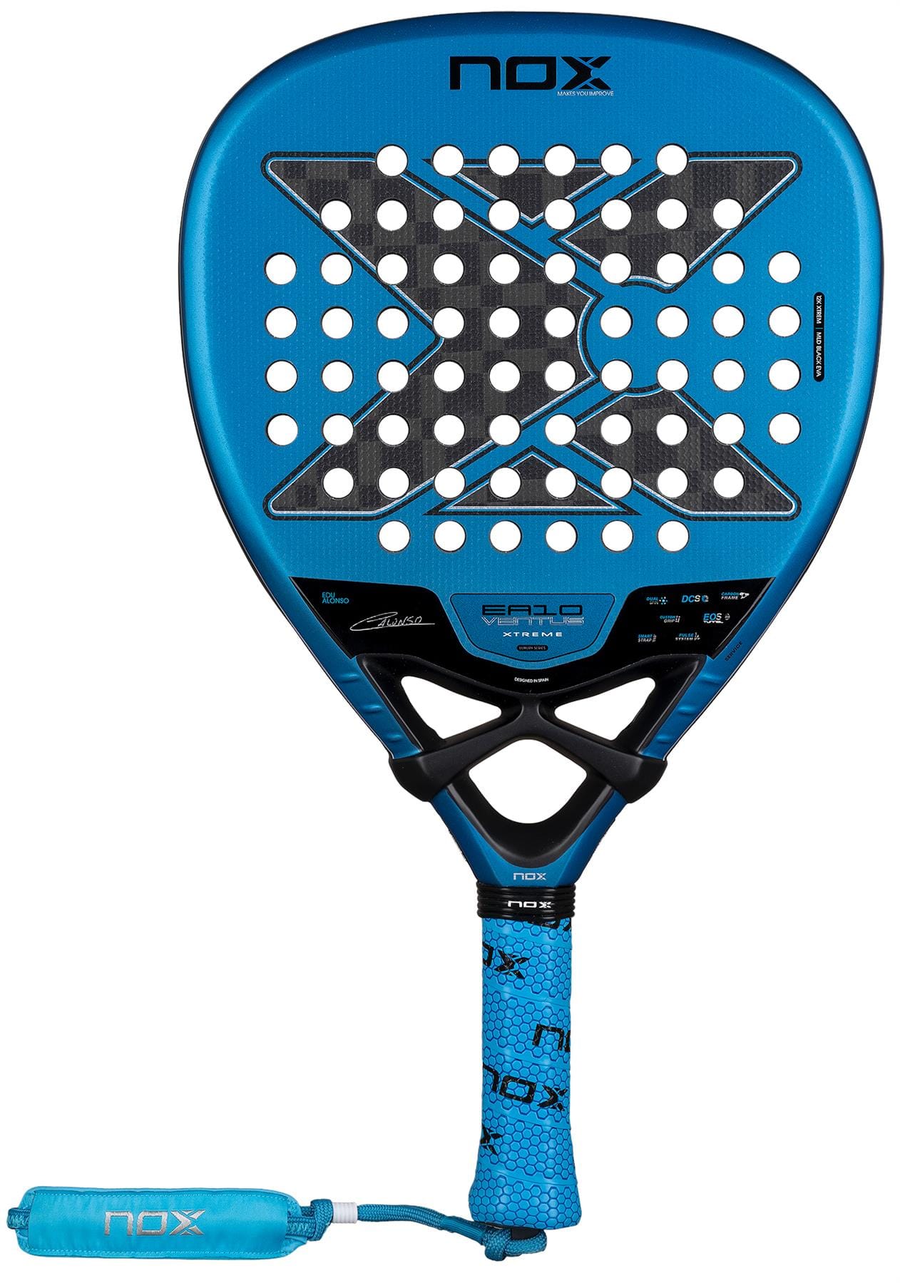 The NOX Luxury EA10 Ventus Attack 12K XTREM By Edu Alonso 2026 Padel Racket features a blue design with a large X in the center, multiple circular holes, and blue grip. Crafted from 12K XTREM Carbon, "NOX" appears on the head and wrist strap.