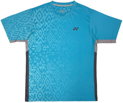 The Yonex YTM11 Mens Padel T-Shirt - Blue Sea is a blue short-sleeved Yonex shirt with a diamond pattern, small black chest logo, grey side panels and sleeve trim, plus quick-dry, anti-static fabric for comfort.