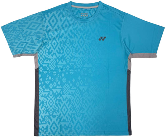 The Yonex YTM11 Mens Padel T-Shirt - Blue Sea is a blue short-sleeved Yonex shirt with a diamond pattern, small black chest logo, grey side panels and sleeve trim, plus quick-dry, anti-static fabric for comfort.