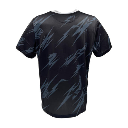 The Yonex YTM8 Men's Padel T-Shirt features a black and silver short-sleeve design with striking blue lightning bolts on the back. It's made from moisture-wicking polyester to keep you cool and comfortable.