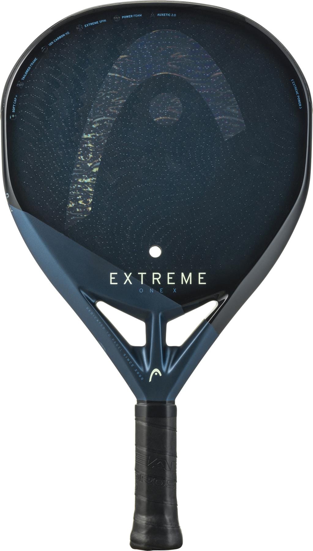 The HEAD Extreme One X 2025 Padel Racket by HEAD features a black/blue look with “EXTREME” in white, circular patterns, triangular cutouts, and textured handle. Made with 12K Carbon Fibre and Power Foam for strength and performance.