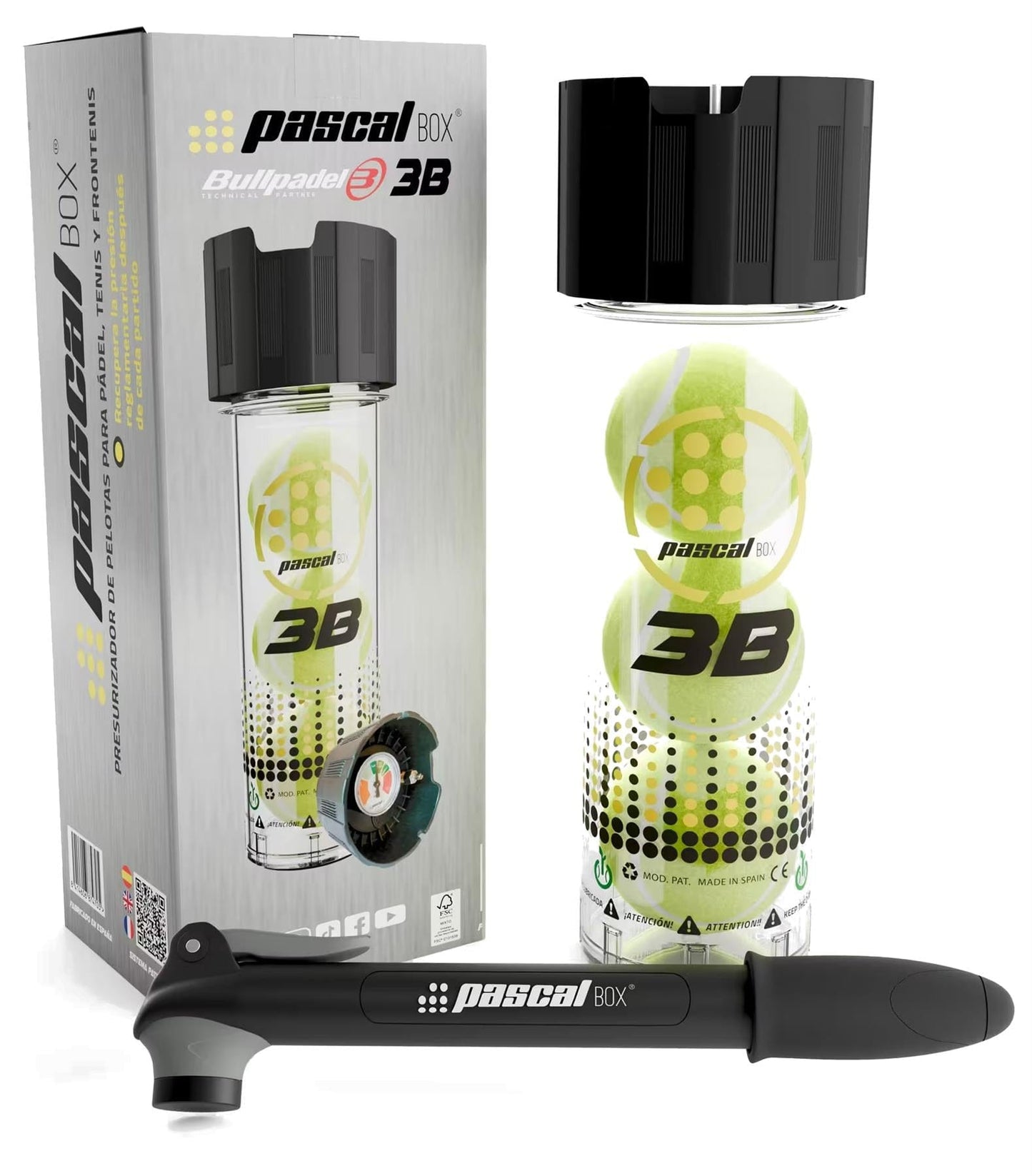 The Bullpadel Pascal Padel Ball Pressuriser - 3 Ball Tube includes a branded pressurised transparent tube for three balls, a black lid, and a handheld pump, all by Bullpadel.