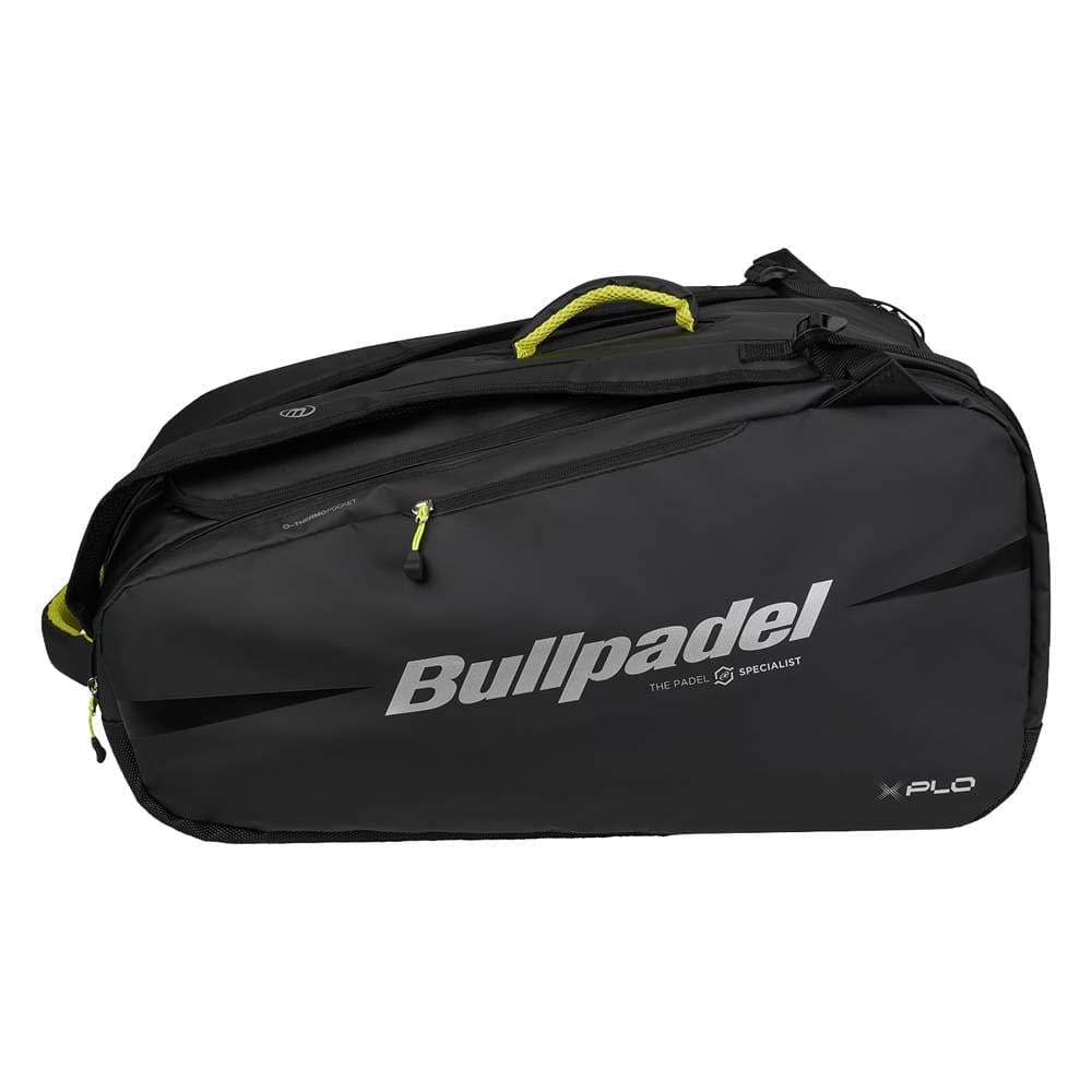 The Bullpadel BPP26022 XPLO Padel Bag in black features a large side zipper compartment, shoulder strap, yellow accents, thermal racket compartments, and displays the Bullpadel logo with "XPLO" printed on the side.