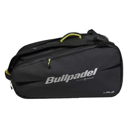 The Bullpadel BPP26022 XPLO Padel Bag in black features a large side zipper compartment, shoulder strap, yellow accents, thermal racket compartments, and displays the Bullpadel logo with "XPLO" printed on the side.