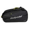 The Bullpadel BPP26022 XPLO Padel Bag in black features a large side zipper compartment, shoulder strap, yellow accents, thermal racket compartments, and displays the Bullpadel logo with "XPLO" printed on the side.