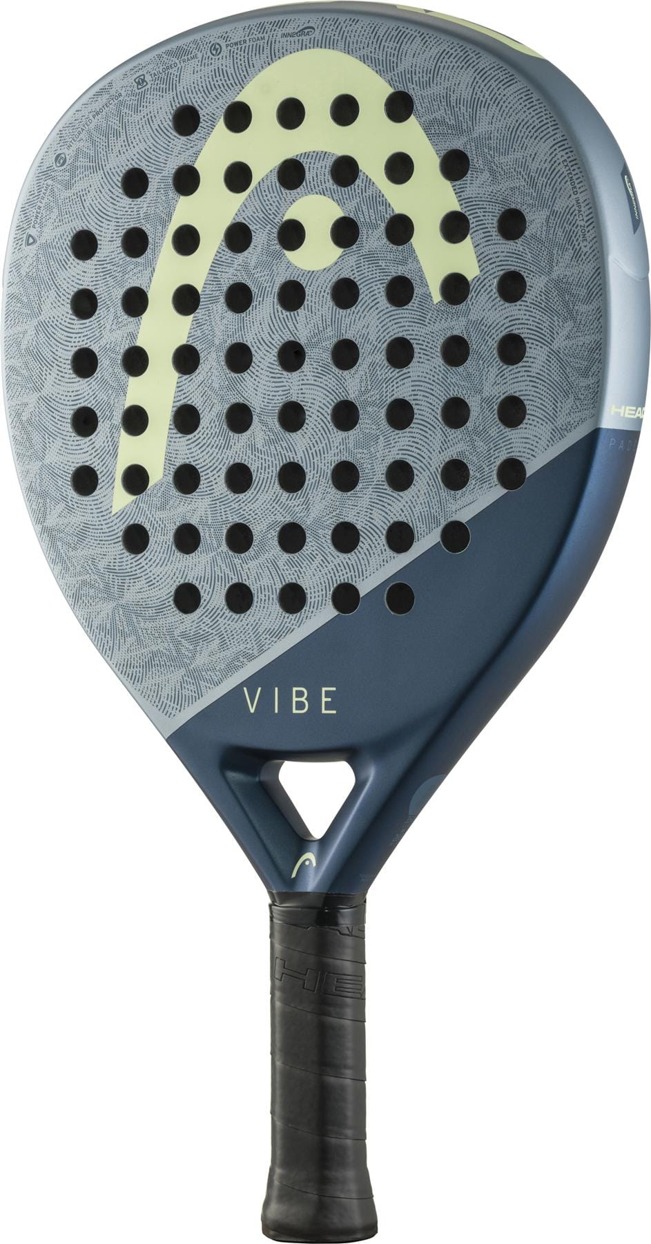 The HEAD Vibe 2026 Blue/Yellow Padel Racket features a fibreglass hitting surface with multiple perforations, a black grip, and “VIBE” printed on it alongside the light green HEAD logo.
