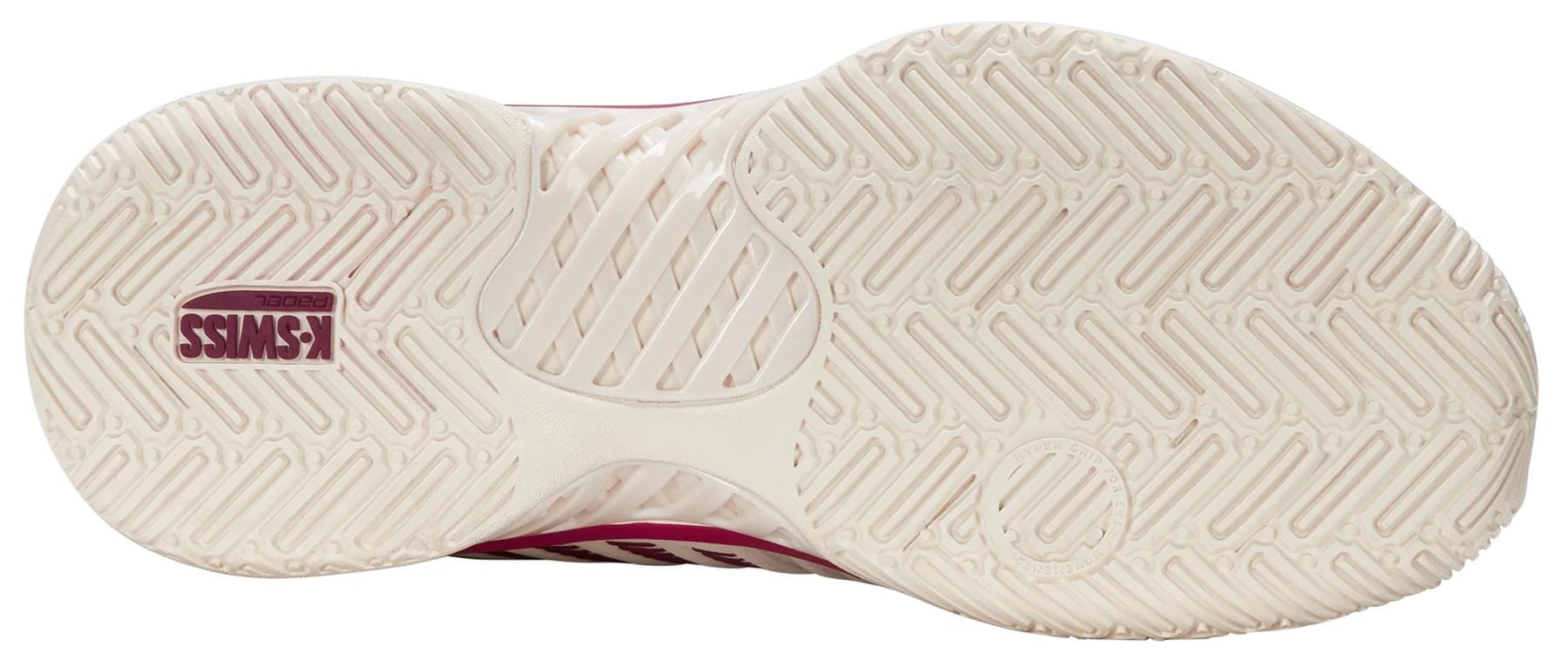The image shows the sole of the K-Swiss Express Light 3 Womens Padel Shoes in Jet Stream/Beaujois/Jazzy, featuring a textured herringbone tread and K-Swiss logo near the heel. The lightweight off-white sole has pink accents along the edge.