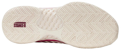 The image shows the sole of the K-Swiss Express Light 3 Womens Padel Shoes in Jet Stream/Beaujois/Jazzy, featuring a textured herringbone tread and K-Swiss logo near the heel. The lightweight off-white sole has pink accents along the edge.
