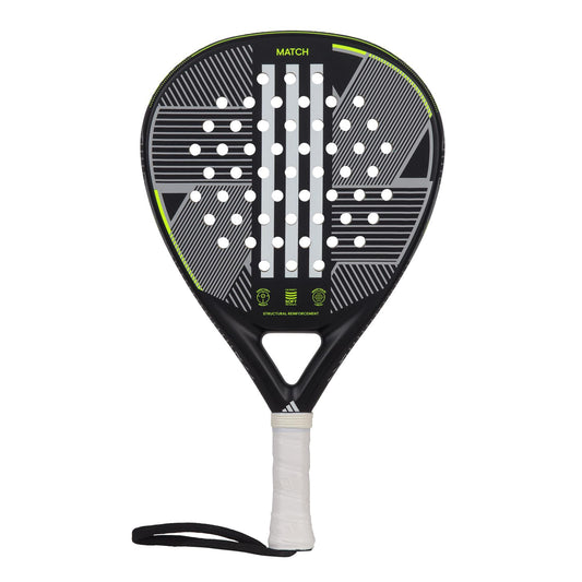 An image of the ADIDAS Match 3.3 Padel Racket in black and lime, designed for beginner players, featuring a teardrop-shaped head with a perforated face. It comes with a white grip handle and a wrist strap from adidas.