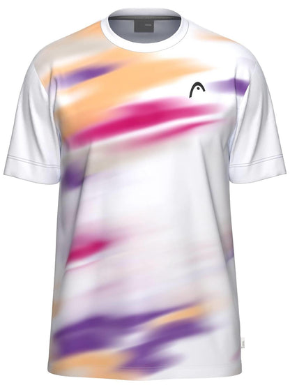The HEAD Blur Men’s Padel T-Shirt - PUXU is a white, breathable shirt with abstract purple, orange, and pink streaks plus a black curved logo on the left chest. Enjoy all-day comfort with its moisture-wicking fabric.