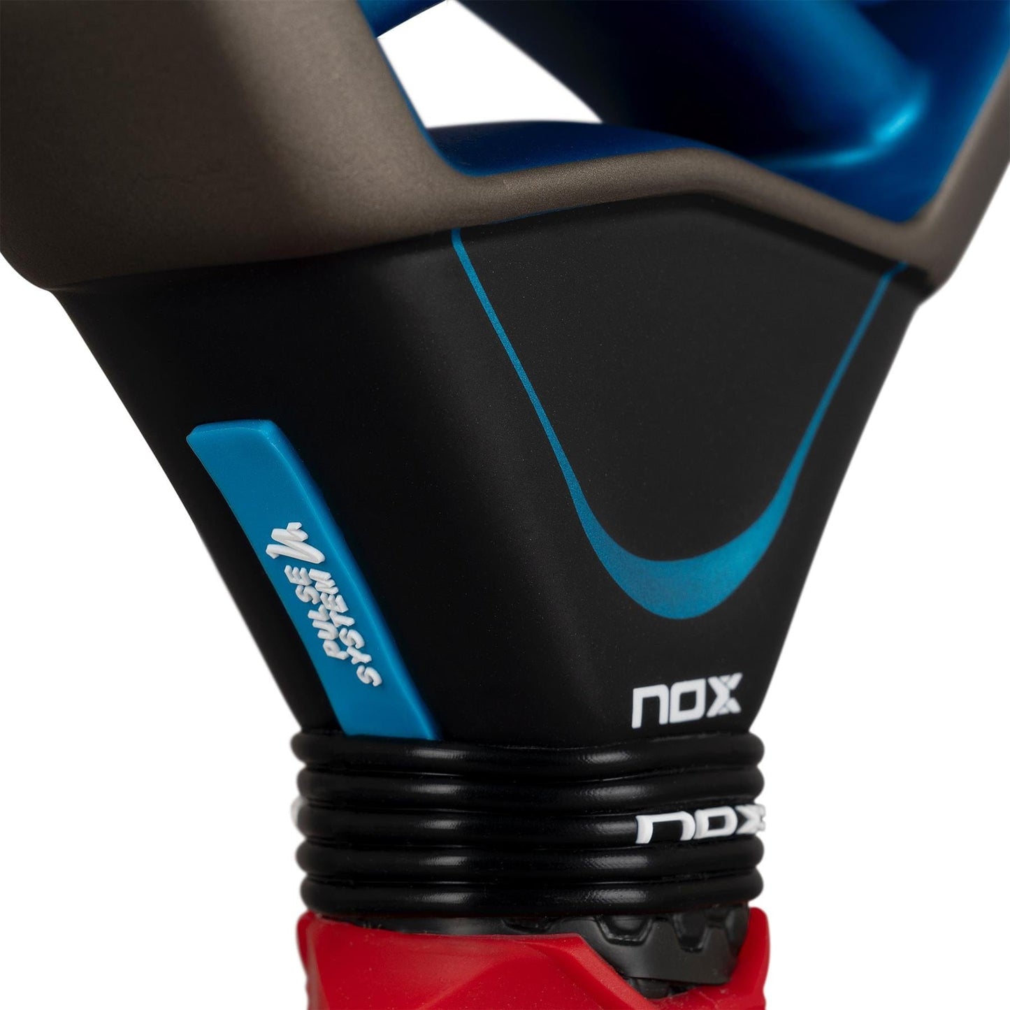 Close-up of the NOX AT10 Pro Cup Soft By Agustín Tapia 2026 Padel Racket’s throat, featuring the NOX logo, blue accents, and a textured red and black grip—crafted in collaboration with Agustín Tapia.