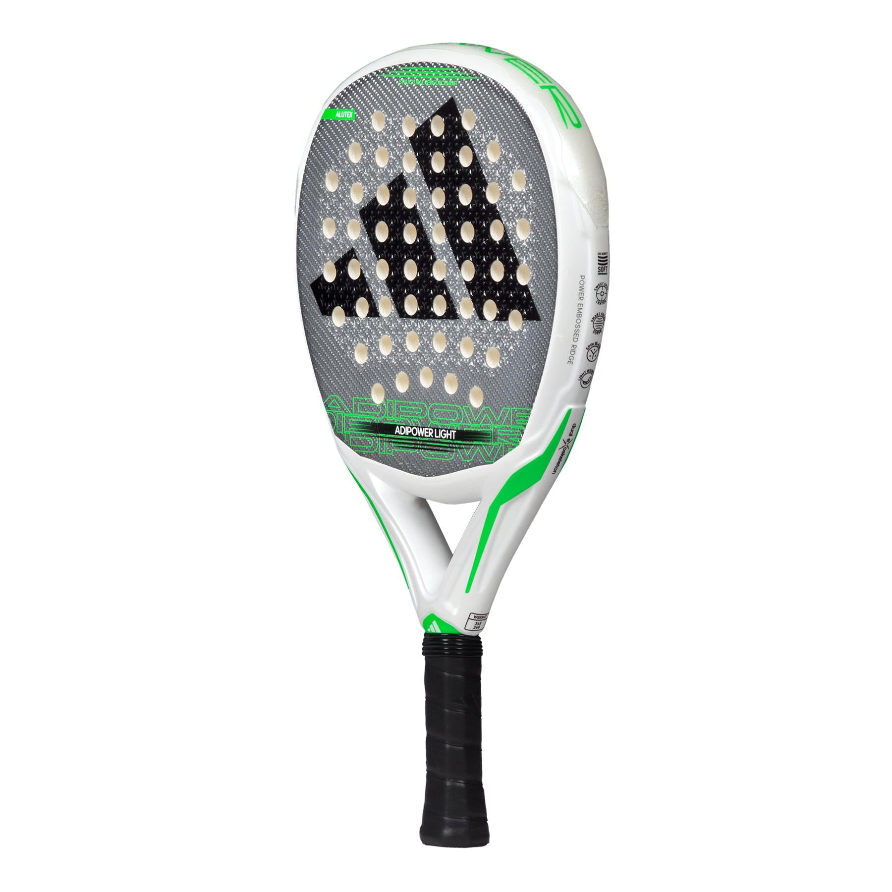 The ADIDAS Adipower Light 3.3 Padel Racket from adidas features a sleek white and green design with a perforated surface that enhances control. Its face is adorned with a prominent black logo, while the handle is expertly wrapped in black grip tape for optimum security and comfort.