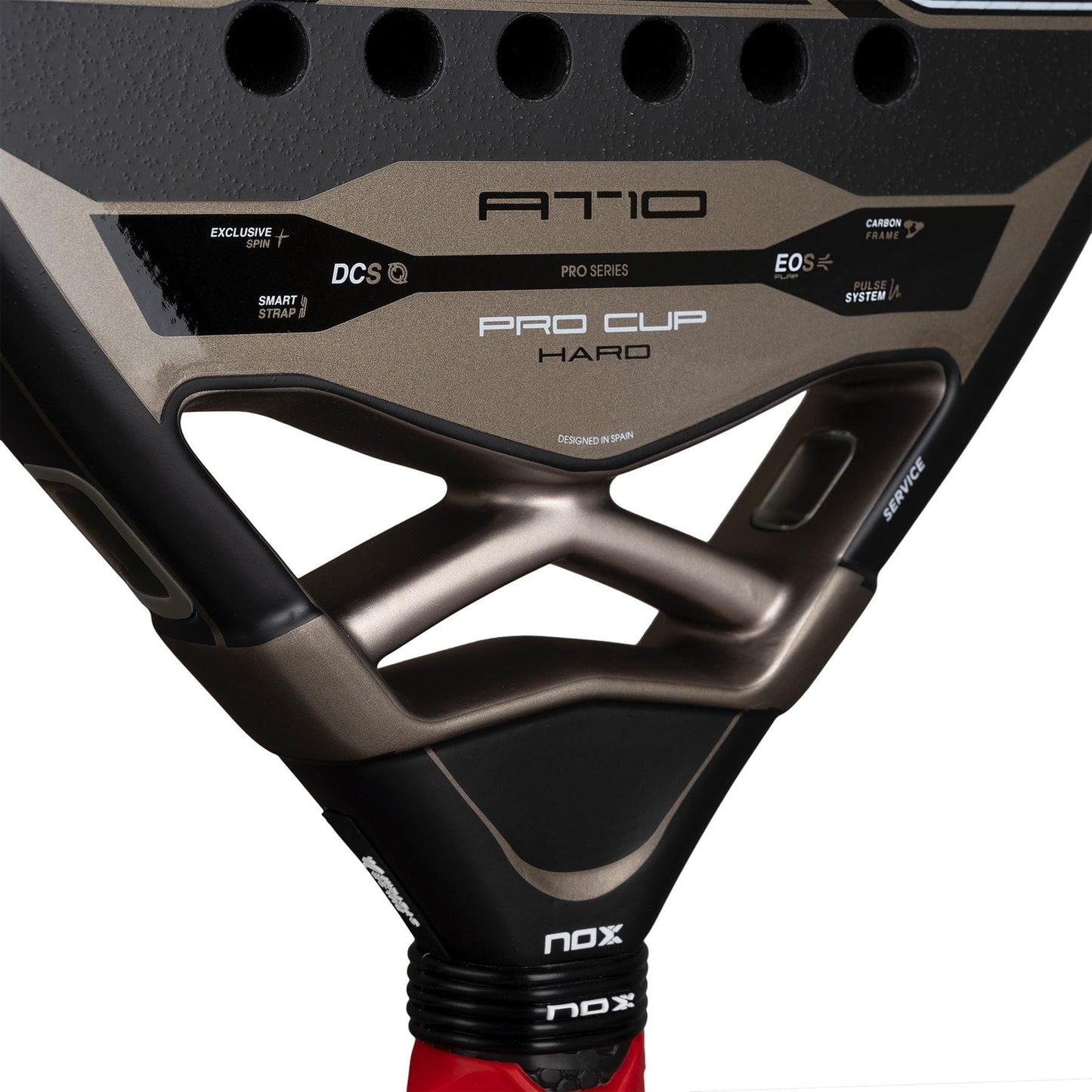 Close-up of the NOX AT10 Pro Cup Hard By Agustín Tapia 2026 Padel Racket, showcasing "AT10 Pro Cup Hard" and NOX branding, technical specs, and a sleek black and gold design inspired by Agustín Tapia.