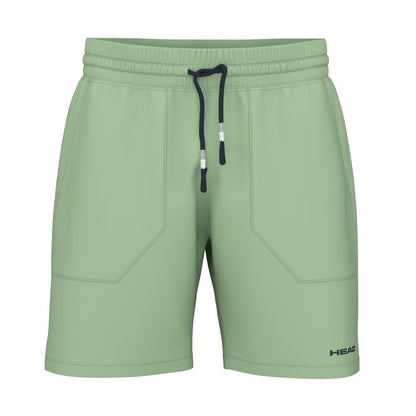 The HEAD Performance Men's Play Padel Shorts in celery green are ideal for active play. Designed with a drawstring waistband, these shorts feature moisture transfer microfiber for comfort, 4-way stretch fabric, two front pockets, and the "HEAD" logo printed on the lower left side.