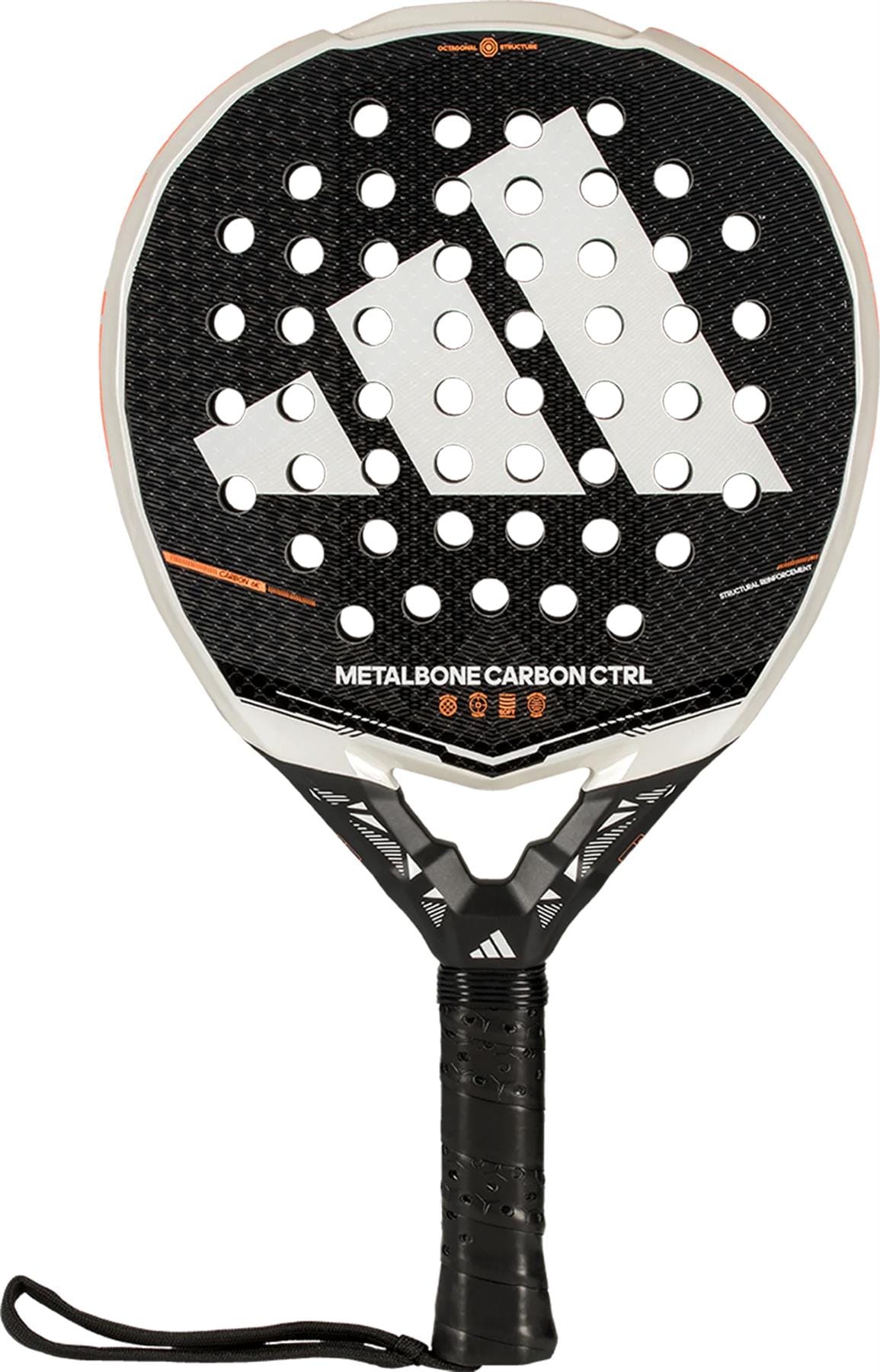 The adidas Metalbone Carbon CTRL 2026 padel racket is black with a white logo, round holes, and "METALBONE CARBON CTRL" text. Designed for advanced players, it features black grip tape on the handle and a matching wrist strap.