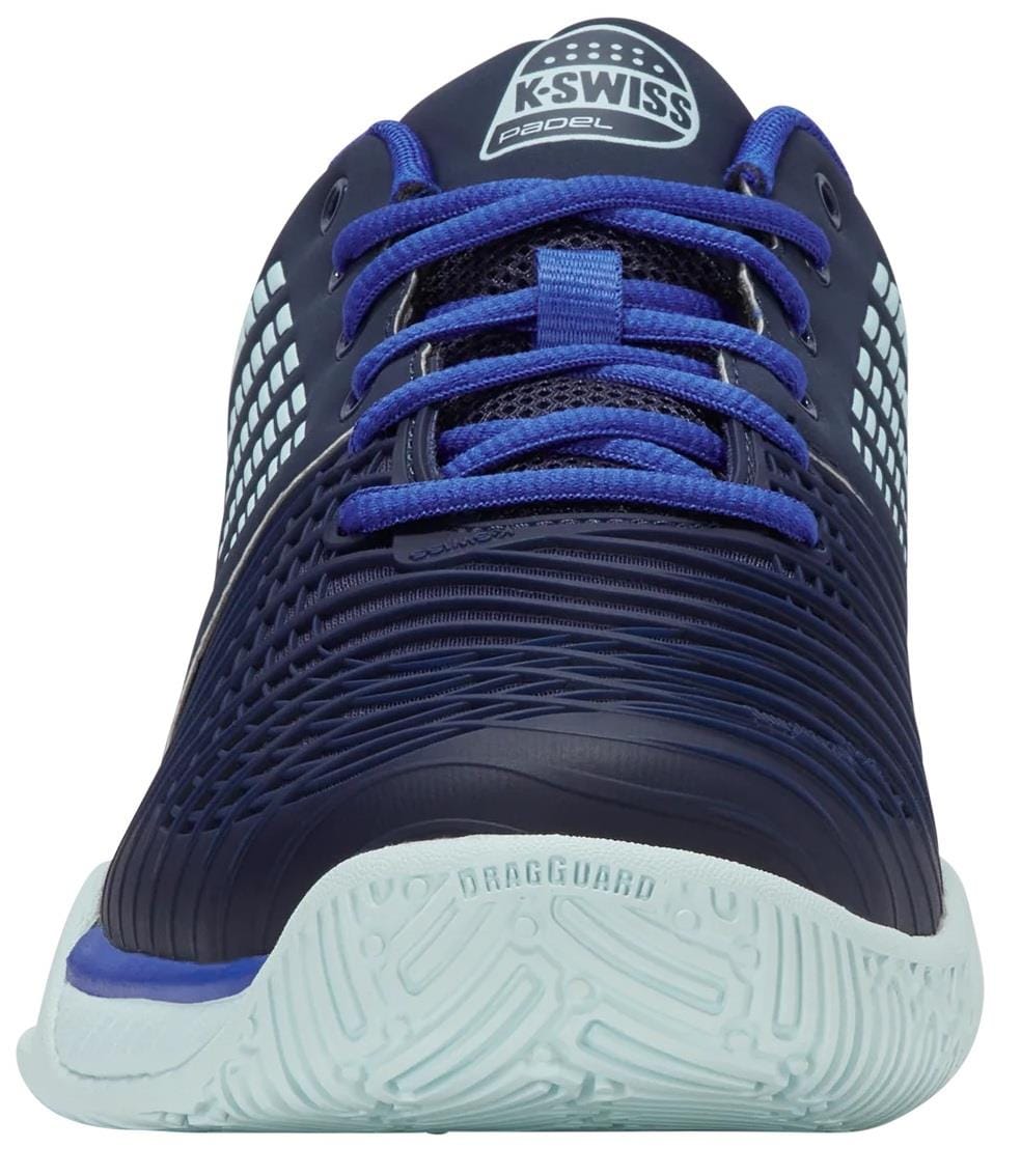 Front view of the K-Swiss Express Light 3 Men's Padel Shoes in Naval Academy/Ice Castle/Dazzling Blue with purple laces, light blue sole, white patterned sides, branded tongue, and textured sole—designed for padel courts.