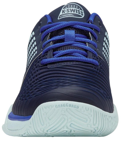 Front view of the K-Swiss Express Light 3 Men's Padel Shoes in Naval Academy/Ice Castle/Dazzling Blue with purple laces, light blue sole, white patterned sides, branded tongue, and textured sole—designed for padel courts.