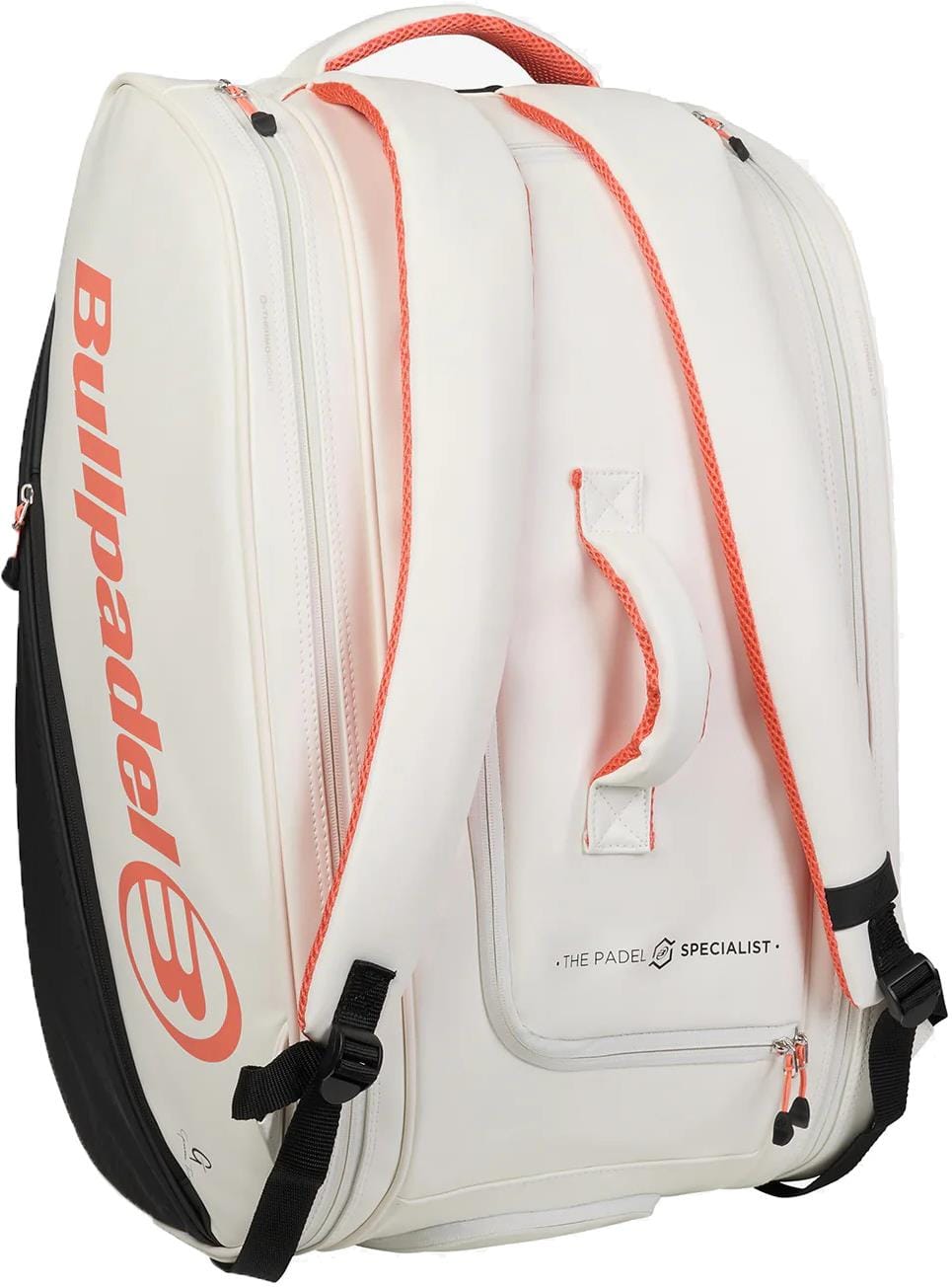 The Bullpadel BPP26019 Elite 2026 Padel Racket Bag in white features orange accents, a large side logo, thermal racket compartments, a top handle, adjustable shoulder straps, and "The Padel Specialist" printed on the front pocket.