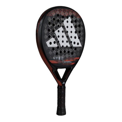 The ADIDAS Cross It CTRL Padel Racket - Black / Red by adidas showcases a sleek black design with bold red accents and a prominent white logo. Its short handle features a patterned grip and is equipped with Spin Blade Mold technology, providing excellent control and spin during gameplay.