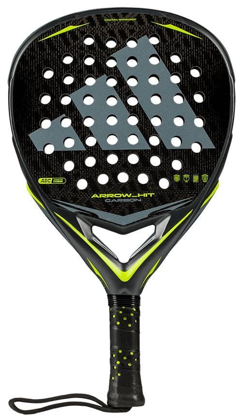 The adidas Arrow Hit Carbon 2026 Padel Racket features a black and yellow design with a large gray logo, round holes, textured handle, and wrist strap—ideal for players seeking an advanced carbon padel racket.
