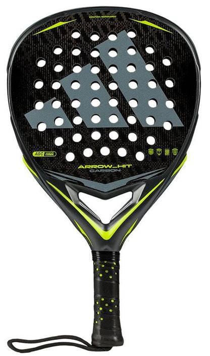 The adidas Arrow Hit Carbon 2026 Padel Racket features a black and yellow design with a large gray logo, round holes, textured handle, and wrist strap—ideal for players seeking an advanced carbon padel racket.