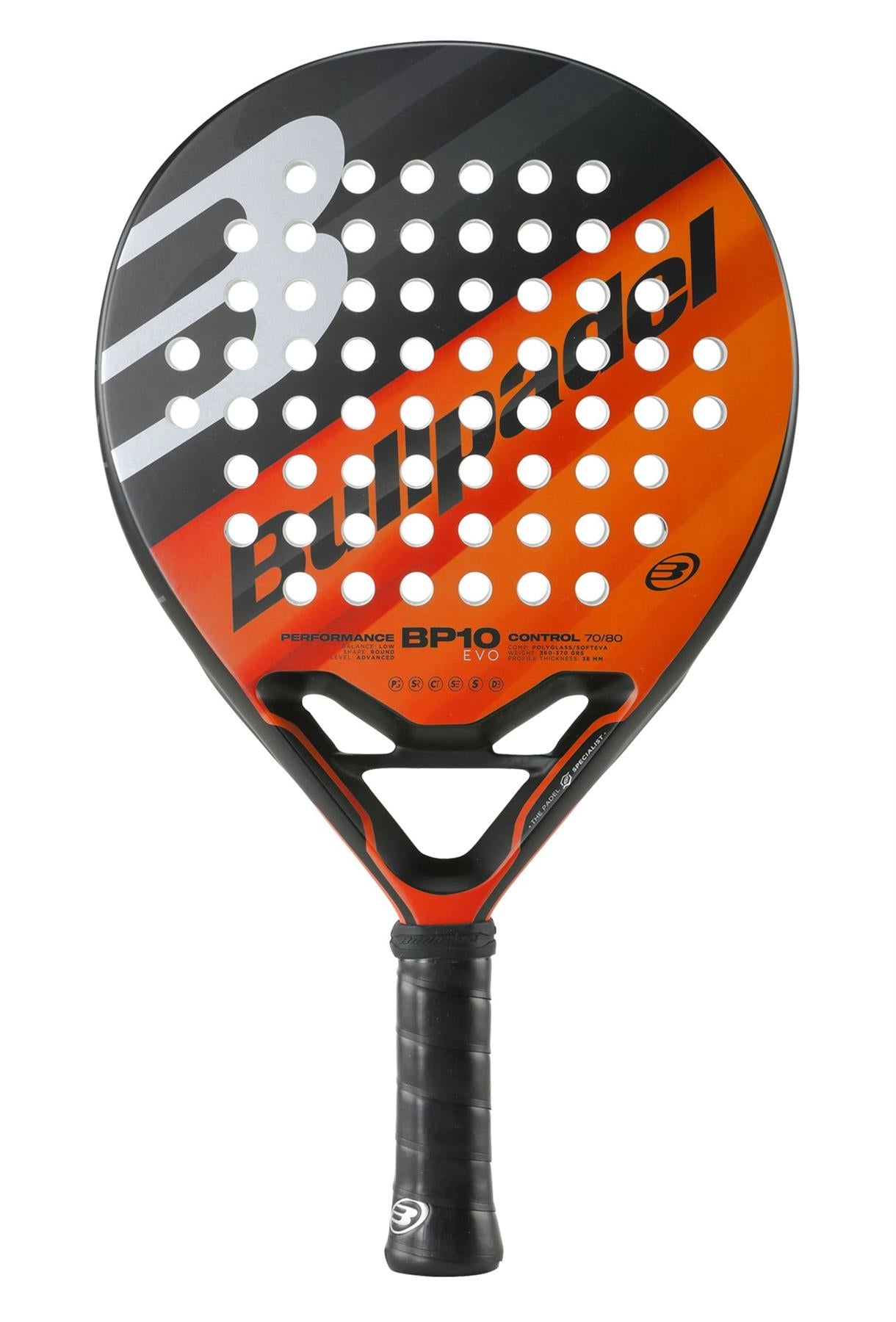 The Bullpadel BP10 EVO 2024 Padel Racket from Bullpadel features a vibrant black and orange design with a distinctive "B" logo. Ideal for intermediate players, this racket includes a perforated surface and a comfortable black grip handle to enhance court performance.