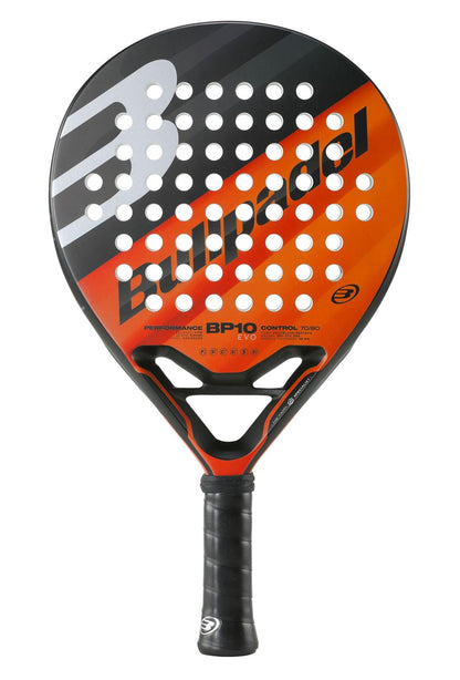 The Bullpadel BP10 EVO 2024 Padel Racket from Bullpadel features a vibrant black and orange design with a distinctive "B" logo. Ideal for intermediate players, this racket includes a perforated surface and a comfortable black grip handle to enhance court performance.