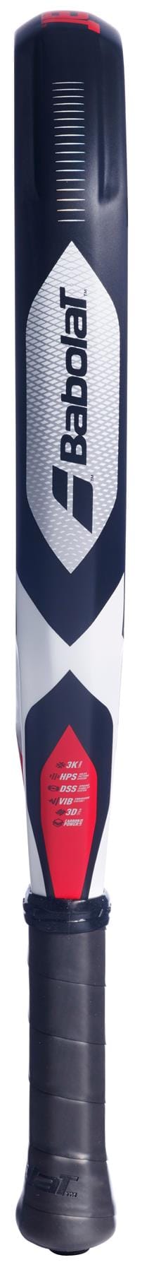 A black, white, and red Babolat Technical Viper 3.0 Padel Racket handle viewed from the grip end, showing the Babolat logo on the throat and a glimpse of its carbon power layer construction.