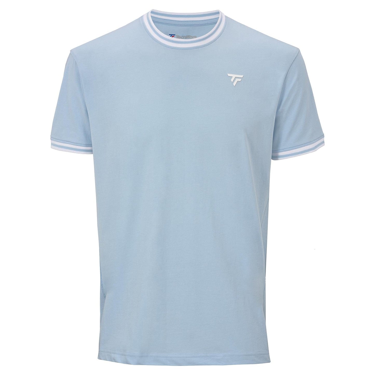 The Tecnifibre Team Stretch Mens Padel T-Shirt in Glacier Blue features a white logo on the chest and striped trim on the collar and sleeves—ideal for men's performance wear.
