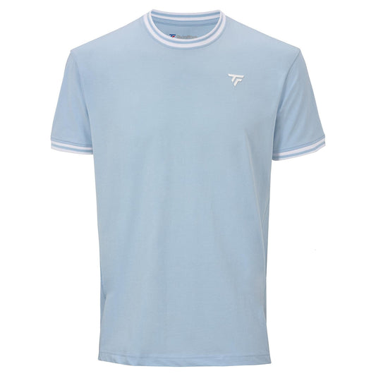 The Tecnifibre Team Stretch Mens Padel T-Shirt in Glacier Blue features a white logo on the chest and striped trim on the collar and sleeves—ideal for men's performance wear.
