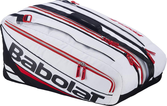 The Babolat RH Pro Technical Padel Racket Bag in white, black, and red features multiple compartments and zippers, a top handle, and the Babolat logo—ideal for carrying your padel accessories.