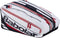 The Babolat RH Pro Technical Padel Racket Bag in white, black, and red features multiple compartments and zippers, a top handle, and the Babolat logo—ideal for carrying your padel accessories.