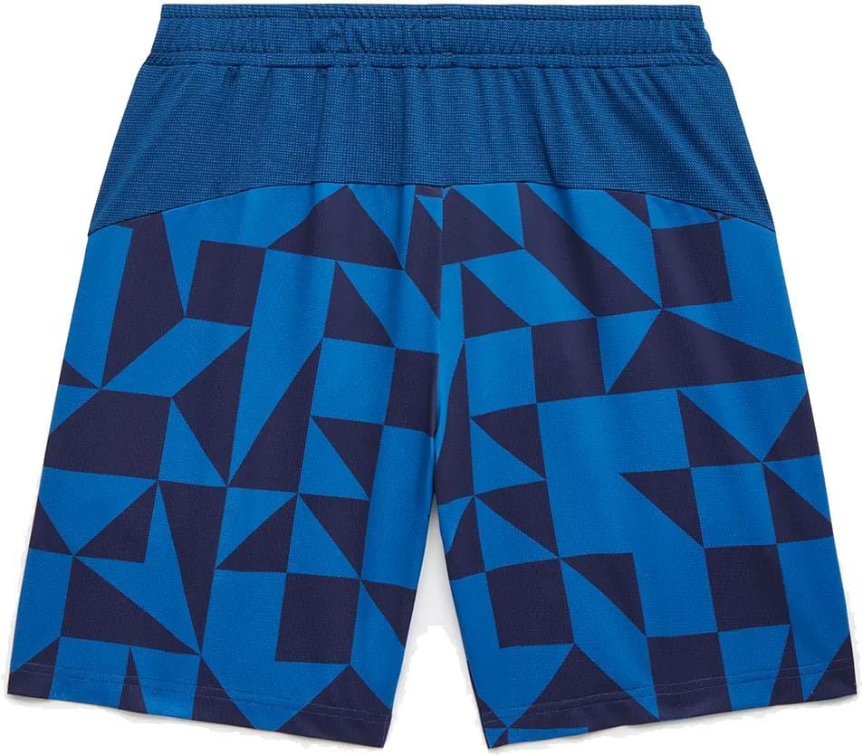 The Yonex 15240YX Knit Men's Padel Shorts in Indigo Blue feature a geometric pattern, solid blue waistband, and breathable knit fabric for comfort during intense matches.