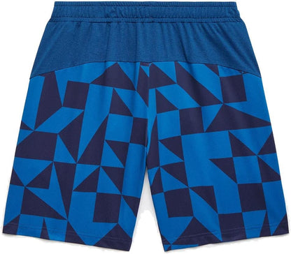 The Yonex 15240YX Knit Men's Padel Shorts in Indigo Blue feature a geometric pattern, solid blue waistband, and breathable knit fabric for comfort during intense matches.