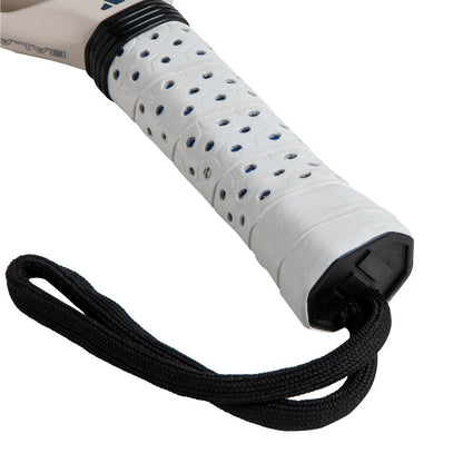 Close-up of the adidas Cross It Team Light 3.4 Padel Racket - White, featuring a perforated white grip with a black wrist strap, designed for advanced-level players.