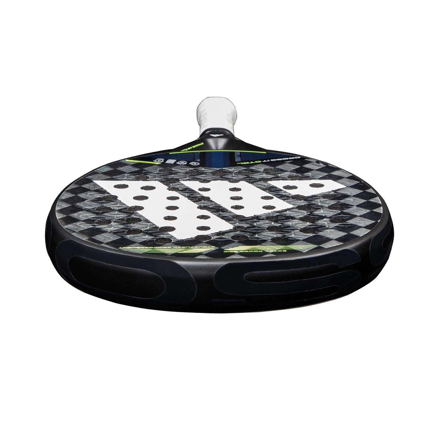 Close-up of the ADIDAS Cross It CTRL 3.4 Padel Racket - Black/Grey, featuring a checkered Carbon 15K pattern with round holes for advanced player control. The side-view shows its edge, with the handle wrapped in a white grip.